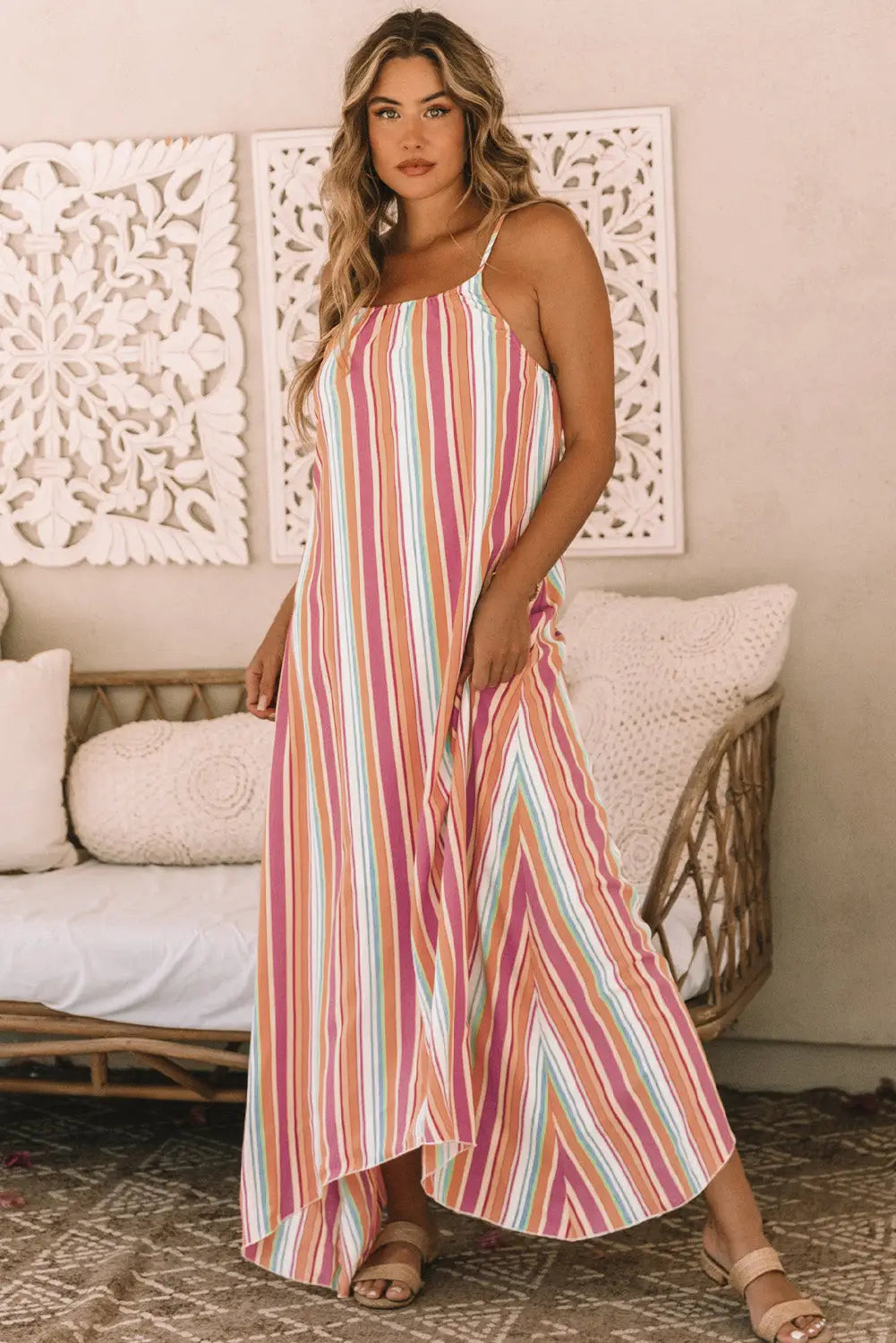 Multicolor striped smocked high waist wide leg pants - bottoms