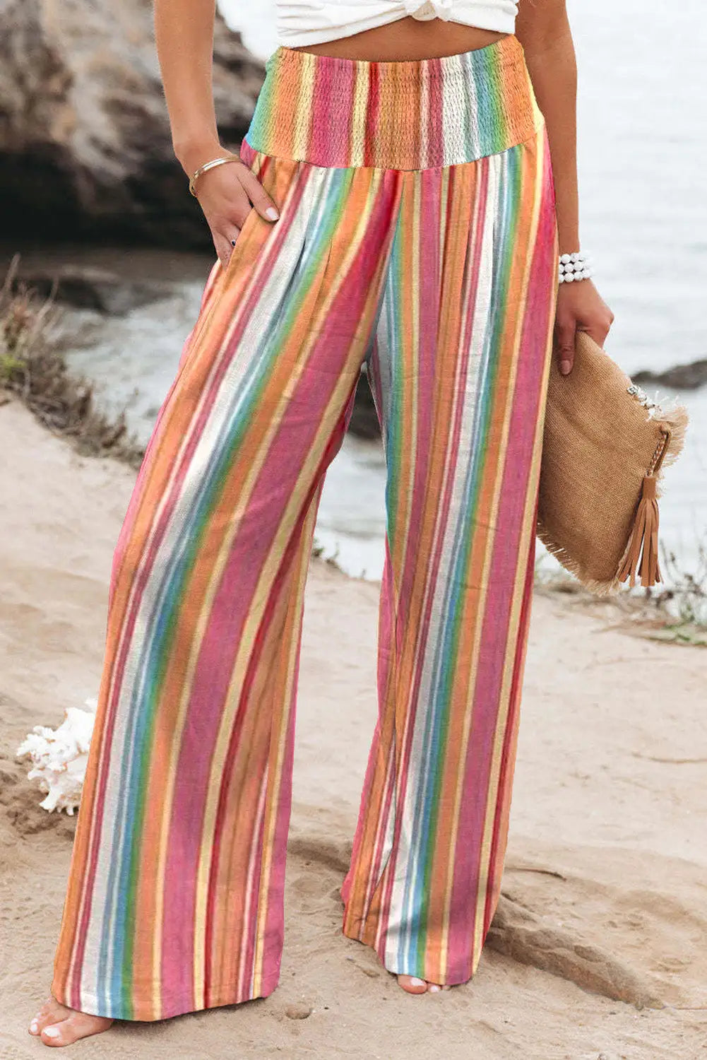 Multicolor striped smocked high waist wide leg pants - s / 100% polyester - bottoms