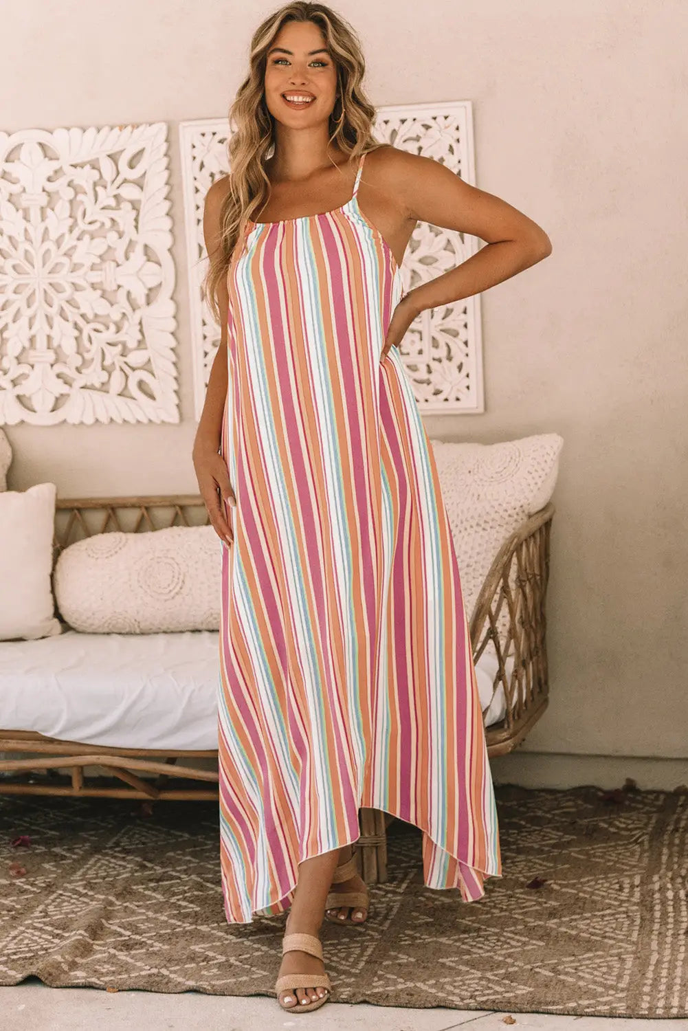 Multicolor striped smocked high waist wide leg pants - stripe / s / 100% polyester - bottoms