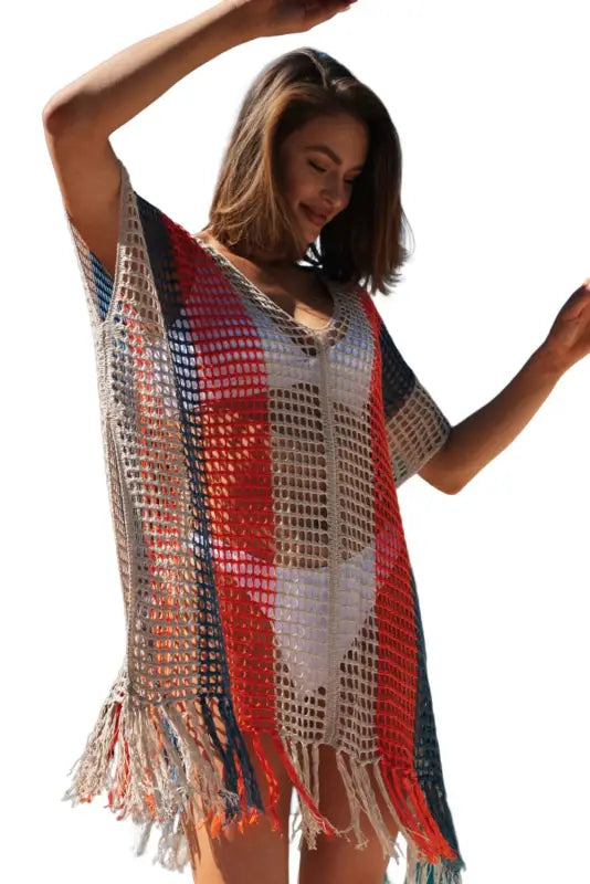 Multicolor striped tassel crochet v neck beach cover up - cover-ups