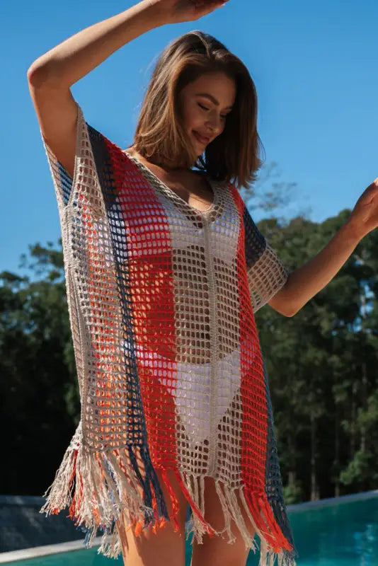 Multicolor striped tassel crochet v neck beach cover up - cover-ups