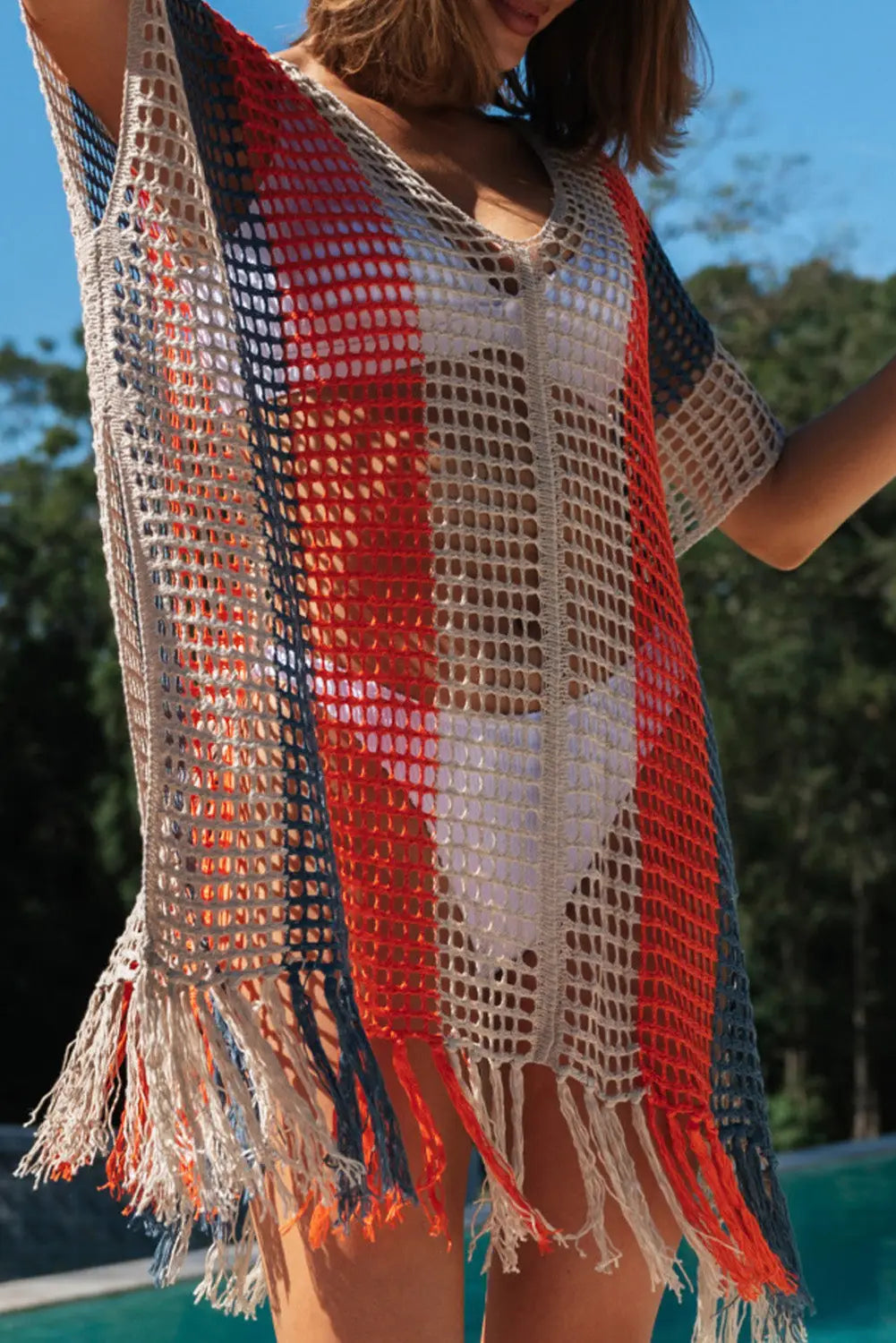 Multicolor striped tassel crochet v neck beach cover up - s / 100% acrylic - cover-ups