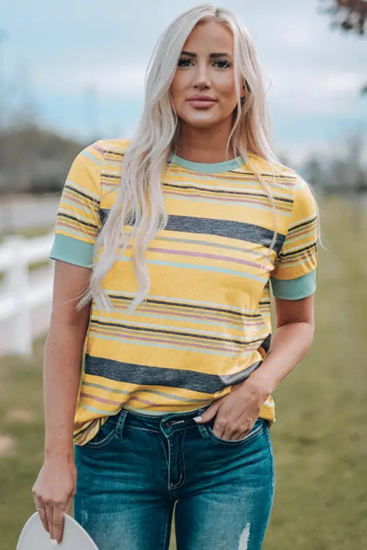 Multicolor stripes crew neck t-shirt - stripe / s / 95% polyester + 5% elastane - t-shirts