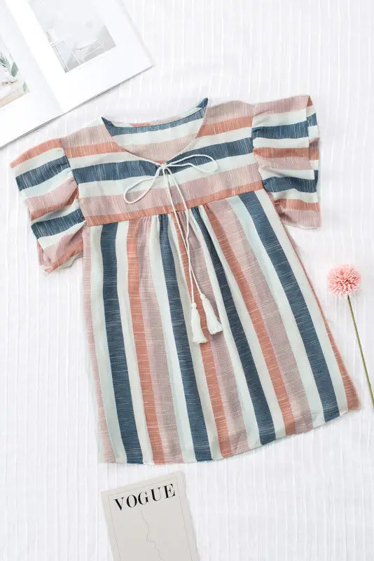 Multicolor stripes split neck pleated ruffled short sleeves top - t-shirts