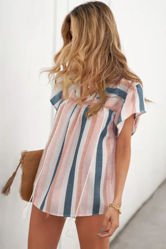 Multicolor stripes split neck pleated ruffled short sleeves top - t-shirts