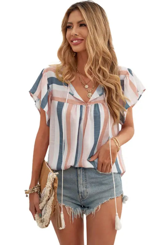 Multicolor stripes split neck pleated ruffled short sleeves top - t-shirts