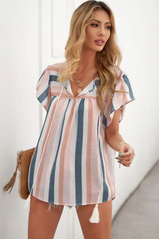 Multicolor stripes split neck pleated ruffled short sleeves top - t-shirts