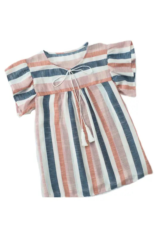 Multicolor stripes split neck pleated ruffled short sleeves top - t-shirts