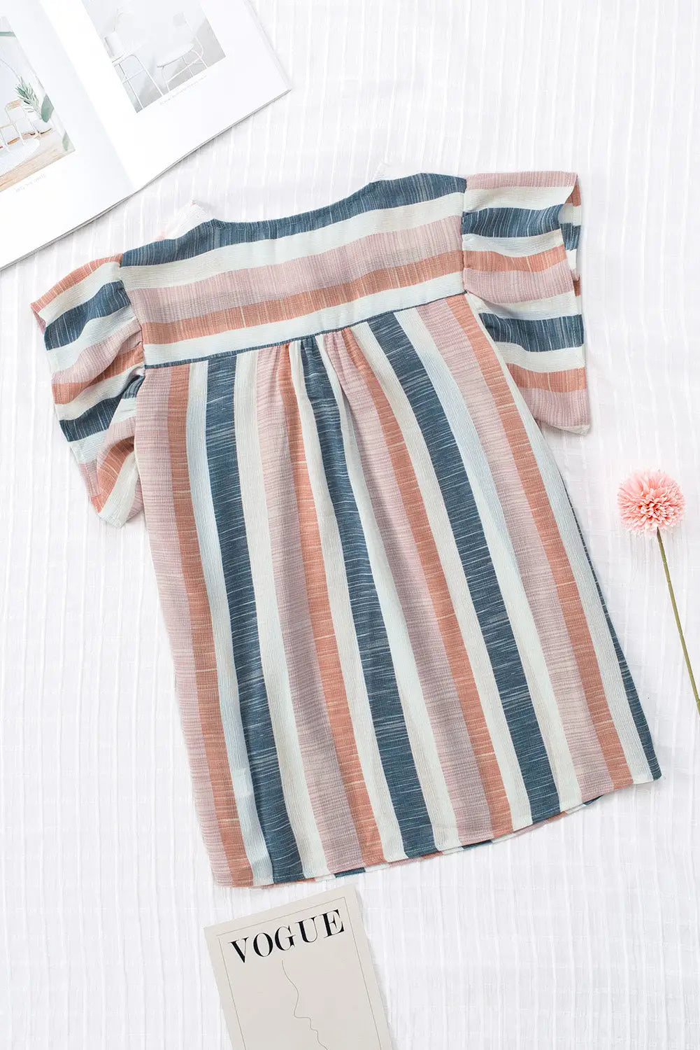 Multicolor stripes split neck pleated ruffled short sleeves top - t-shirts