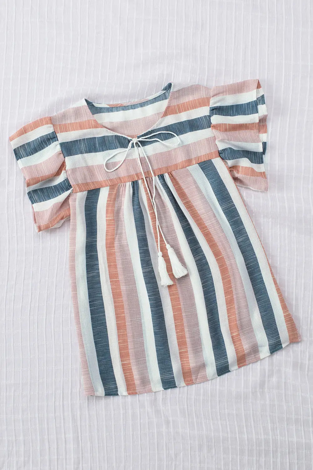 Multicolor stripes split neck pleated ruffled short sleeves top - t-shirts