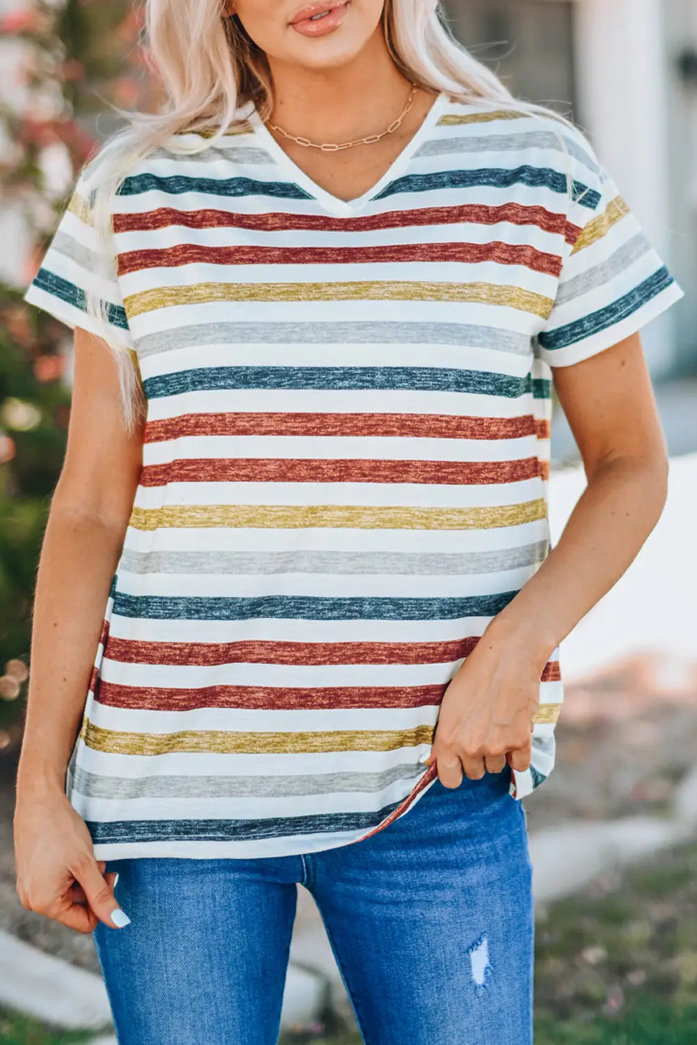 Multicolor stripes v neck t-shirt - stripe / s / 95% polyester + 5% spandex - t-shirts