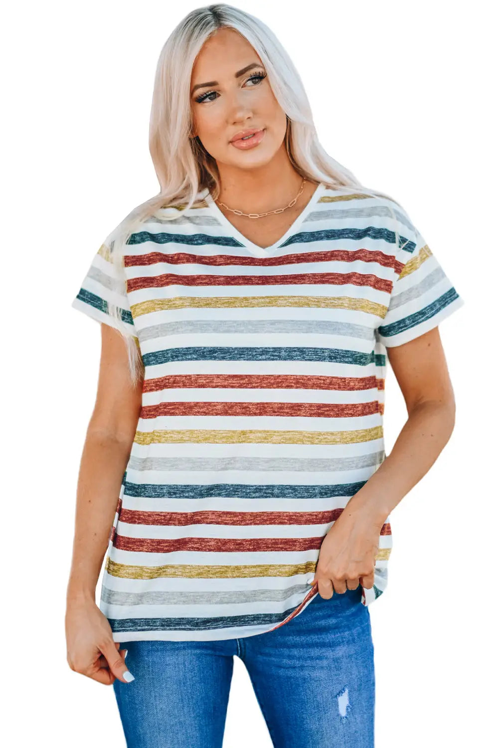 Multicolor stripes v neck t-shirt - t-shirts
