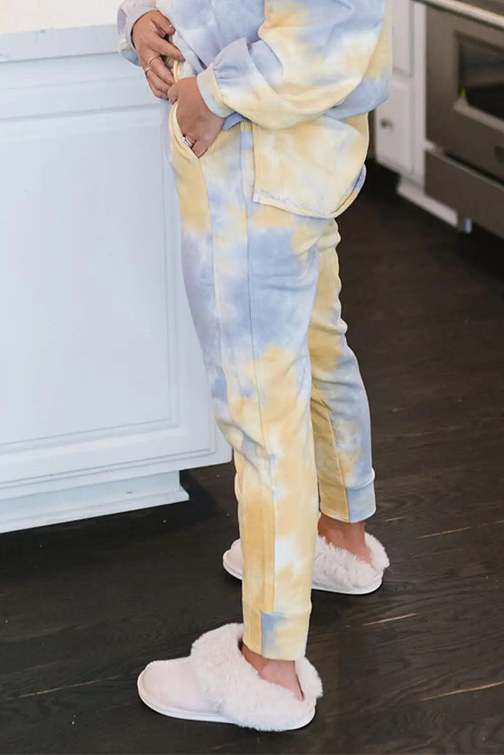 Multicolor tie dye henley top and drawstring pants outfit - loungewear