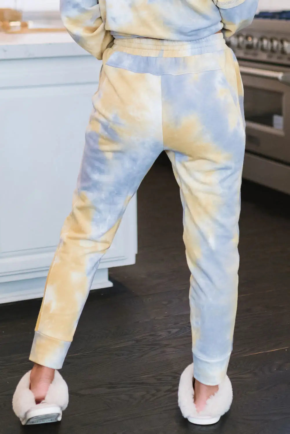 Multicolor tie dye henley top and drawstring pants outfit - loungewear