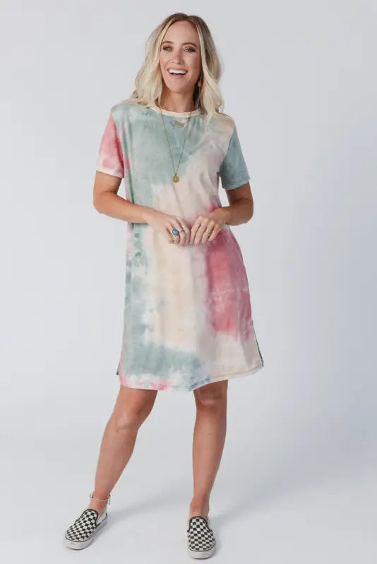 Multicolor tie dye oversized slit tee dress - t-shirt dresses