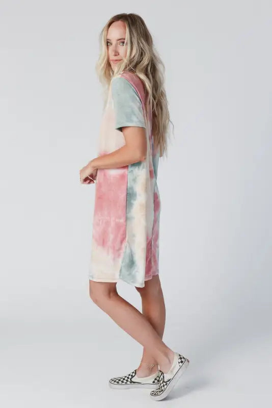 Multicolor tie dye oversized slit tee dress - t-shirt dresses