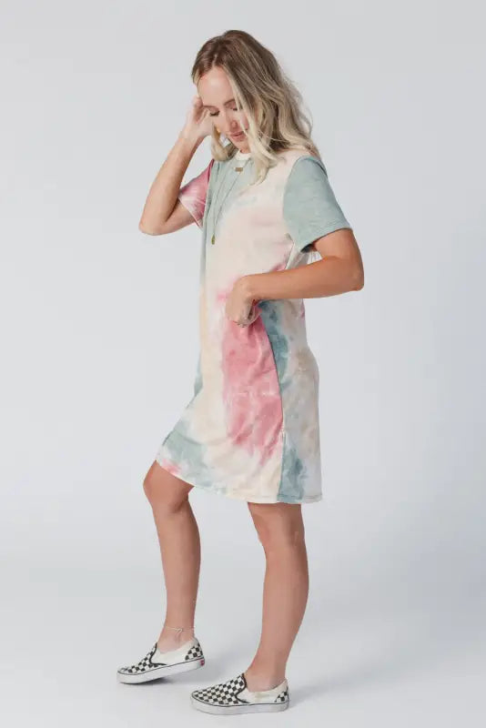 Multicolor tie dye oversized slit tee dress - t-shirt dresses