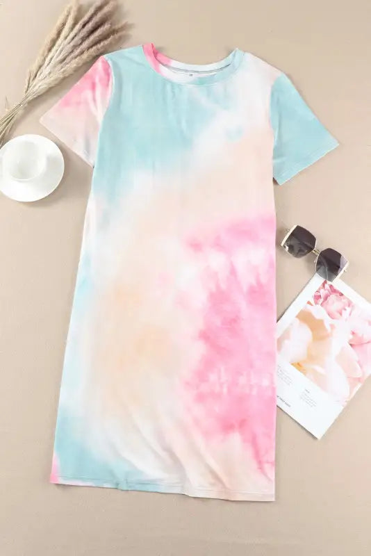 Multicolor tie dye oversized slit tee dress - t-shirt dresses