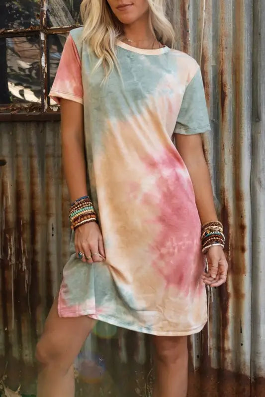 Multicolor tie dye oversized slit tee dress - s / 95% polyester + 5% elastane - t-shirt dresses