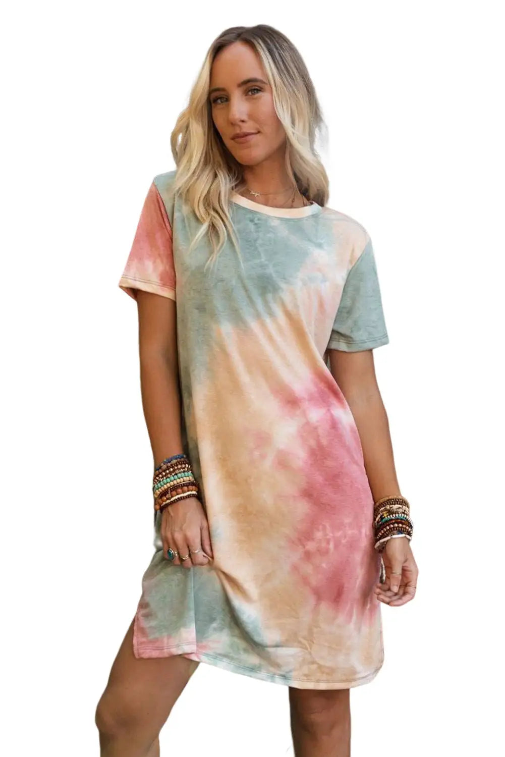 Multicolor tie dye oversized slit tee dress - t-shirt dresses