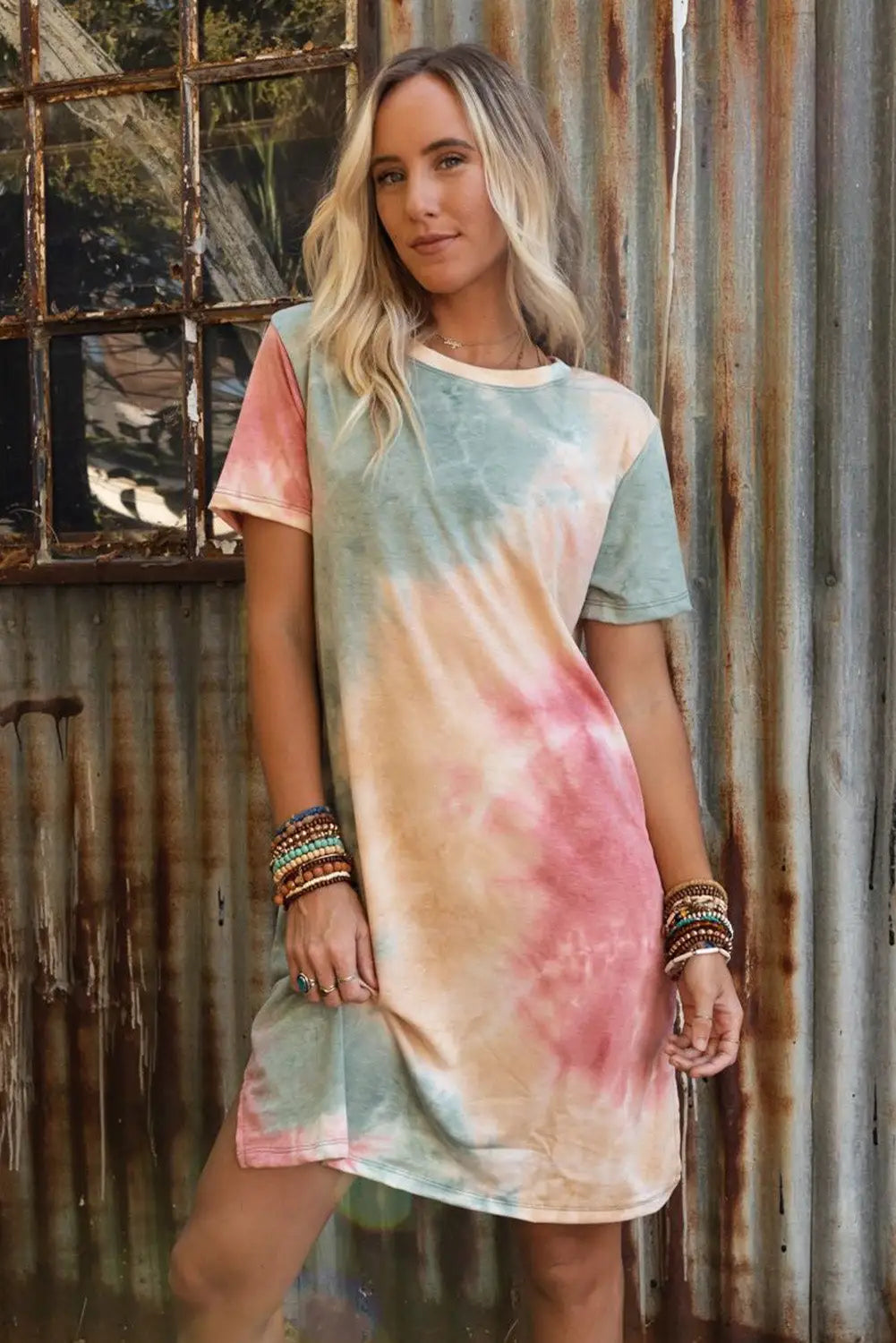 Multicolor tie dye oversized slit tee dress - t-shirt dresses
