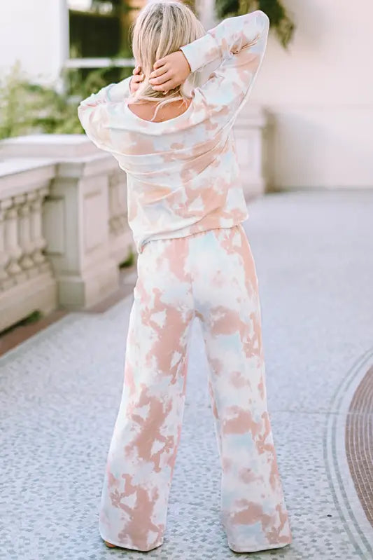 Multicolor tie dye print v neck high waist lounge set - loungewear