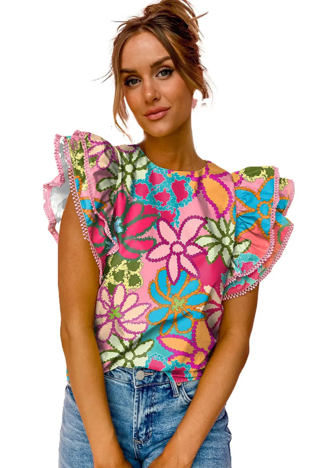 Multicolor vibrant floral print trimmed ruffle sleeve blouse - tops