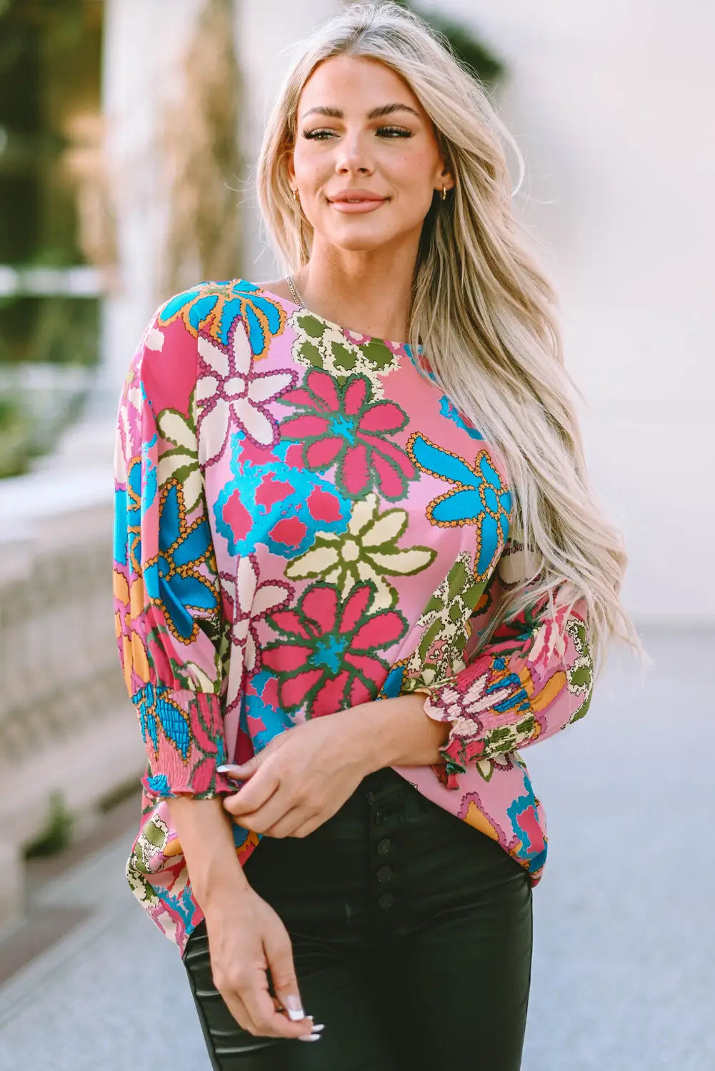Multicolor vibrant floral print trimmed ruffle sleeve blouse - tops