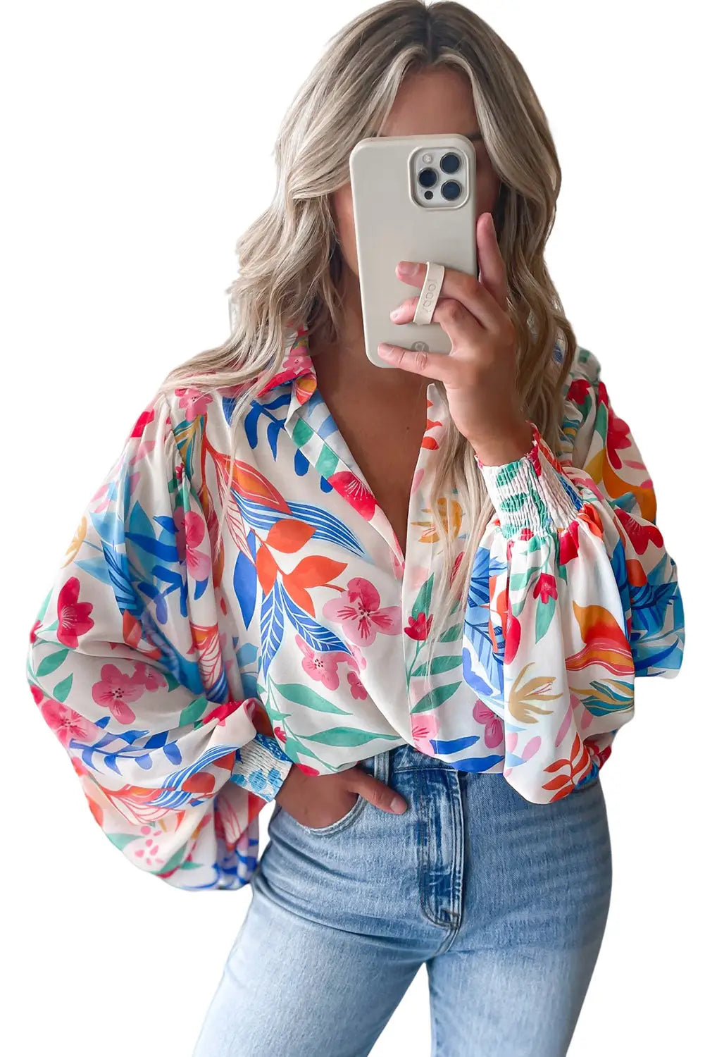 Multicolor vibrant floral printed billowy sleeve shirt - tops