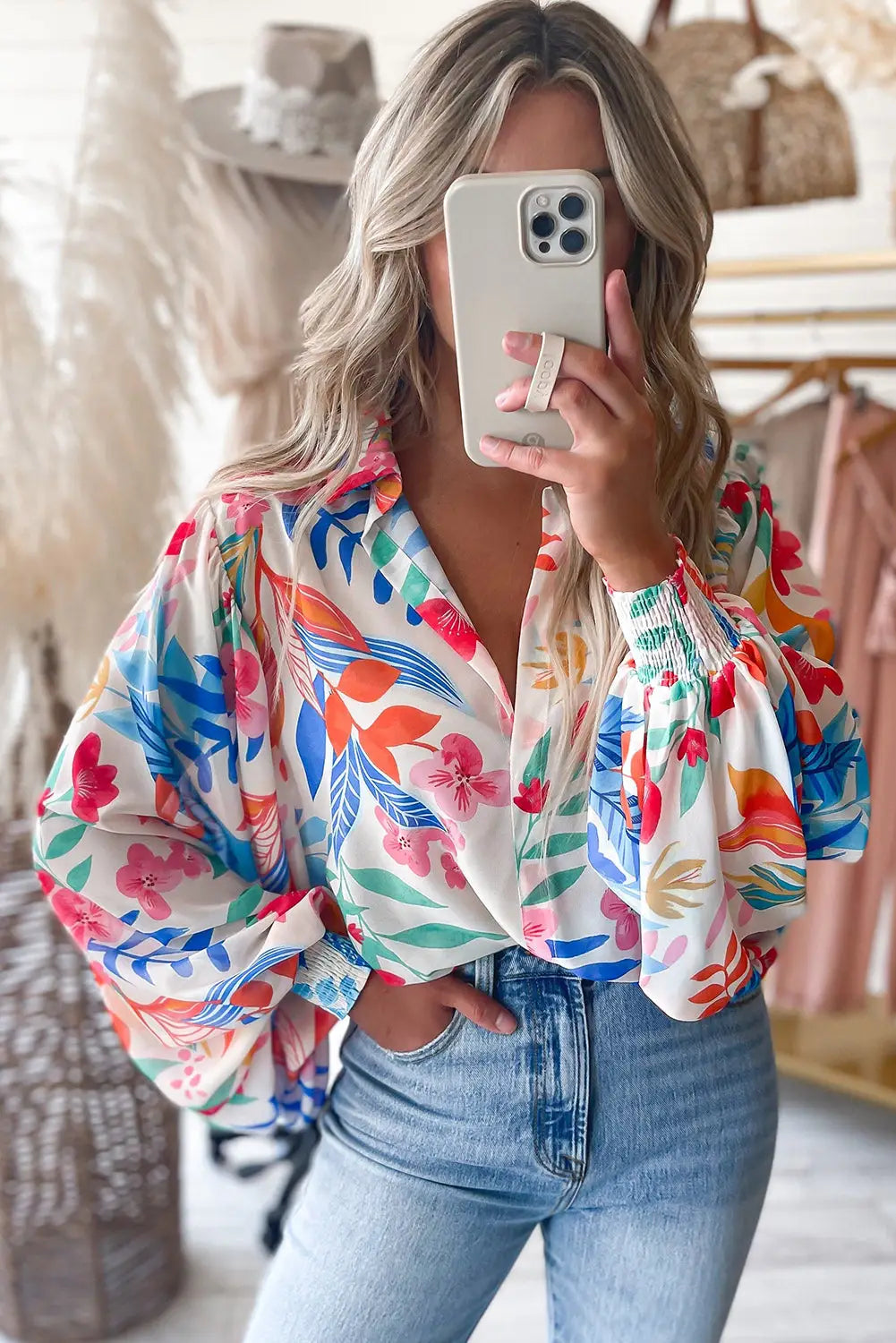 Multicolor vibrant floral printed billowy sleeve shirt - tops