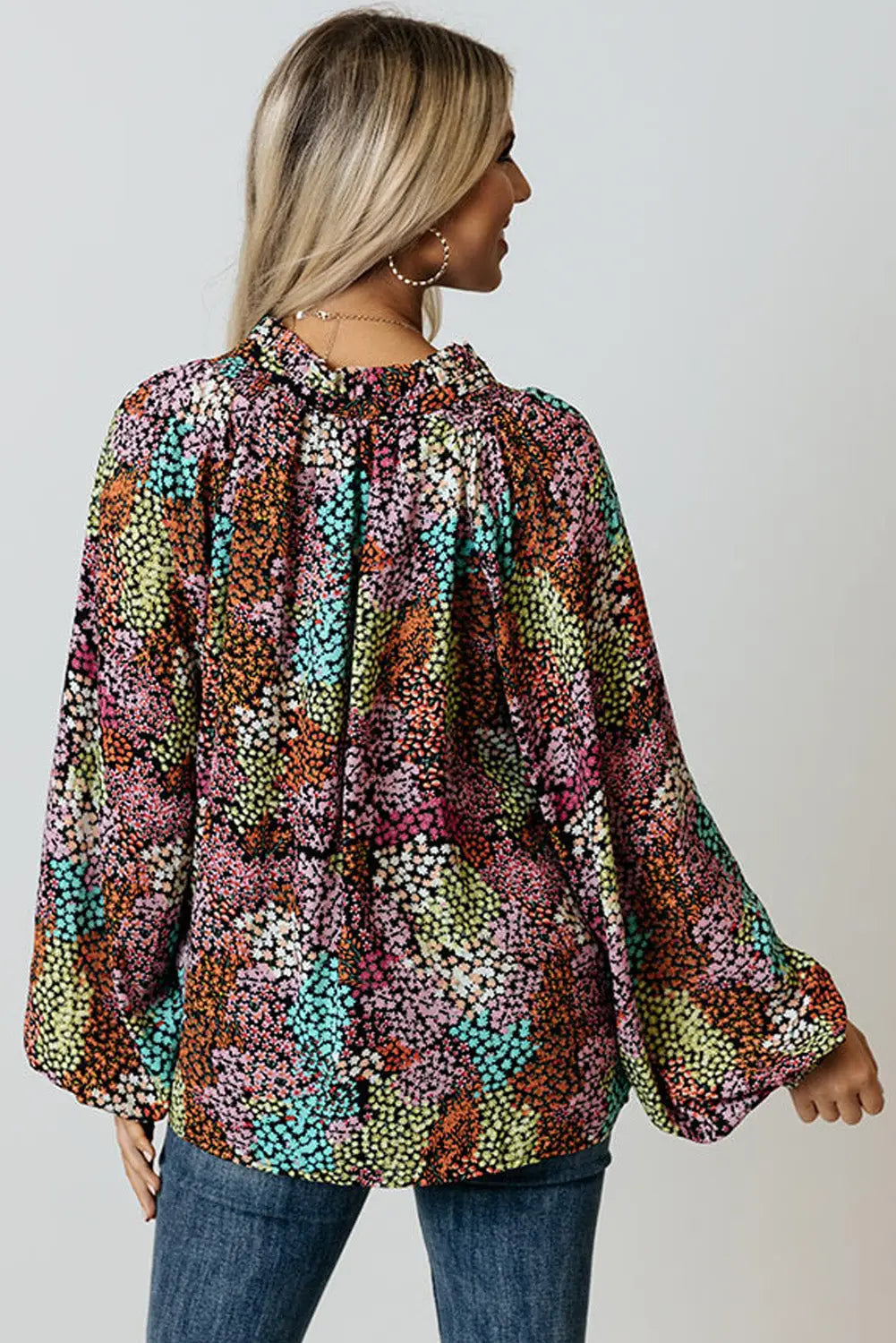 Multicolor vibrant floral tie v neck puff sleeve blouse - tops