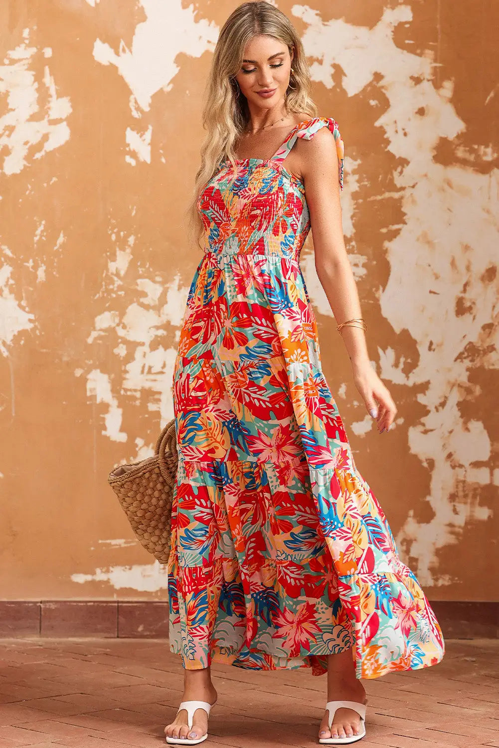 Multicolor vibrant tropical print smocked ruffle tiered maxi dress - dresses