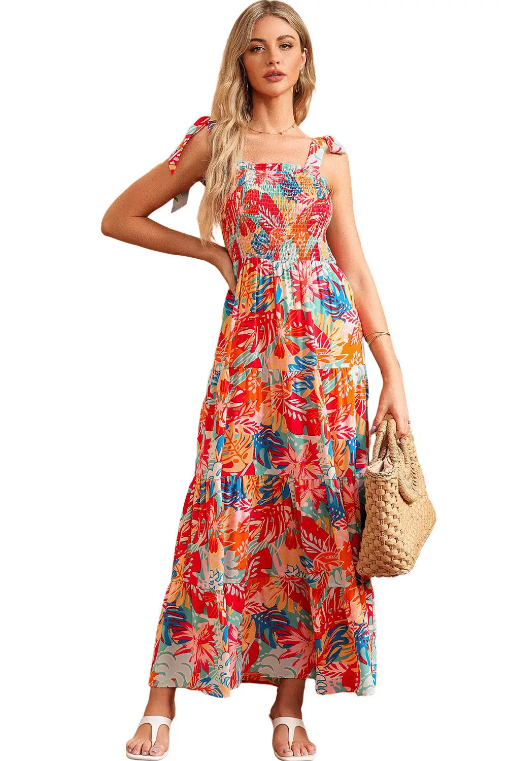 Multicolor vibrant tropical print smocked ruffle tiered maxi dress - dresses