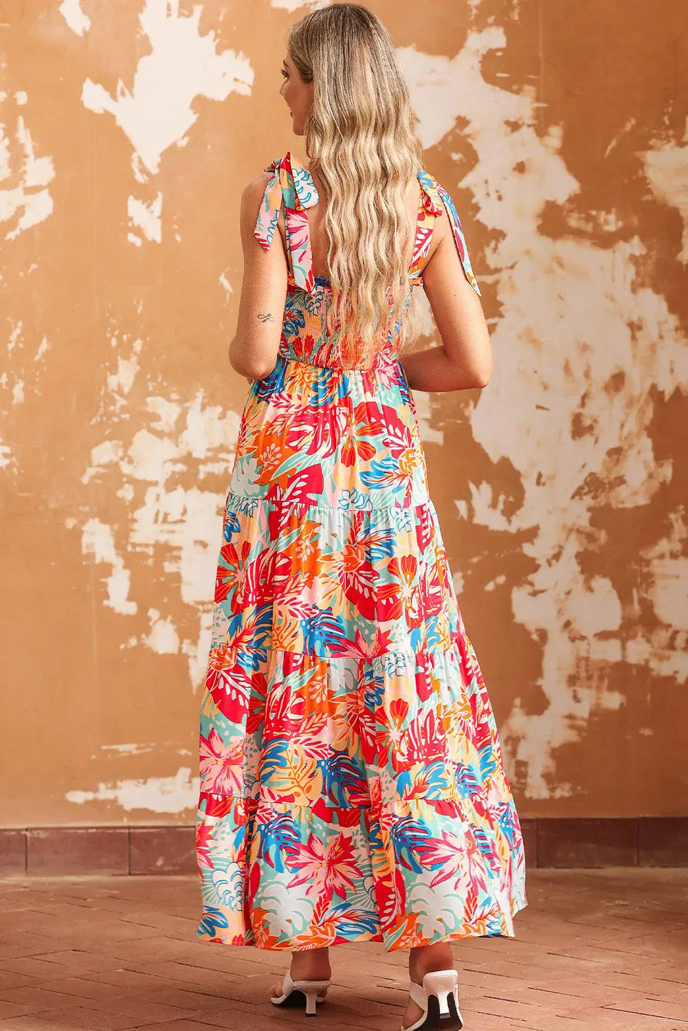 Multicolor vibrant tropical print smocked ruffle tiered maxi