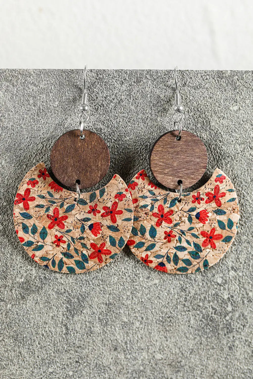 Multicolor vintage floral print geometric wood earrings -