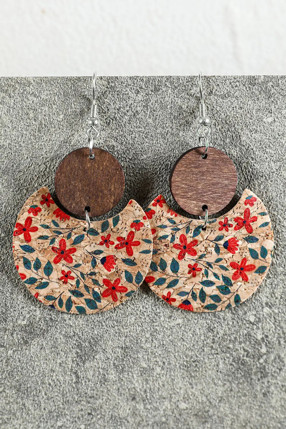 Multicolor vintage floral print geometric wood earrings -