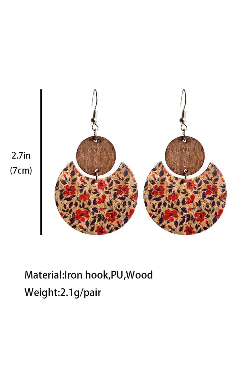 Multicolor vintage floral print geometric wood earrings - one size / 95% pu + 5% alloy - accessories