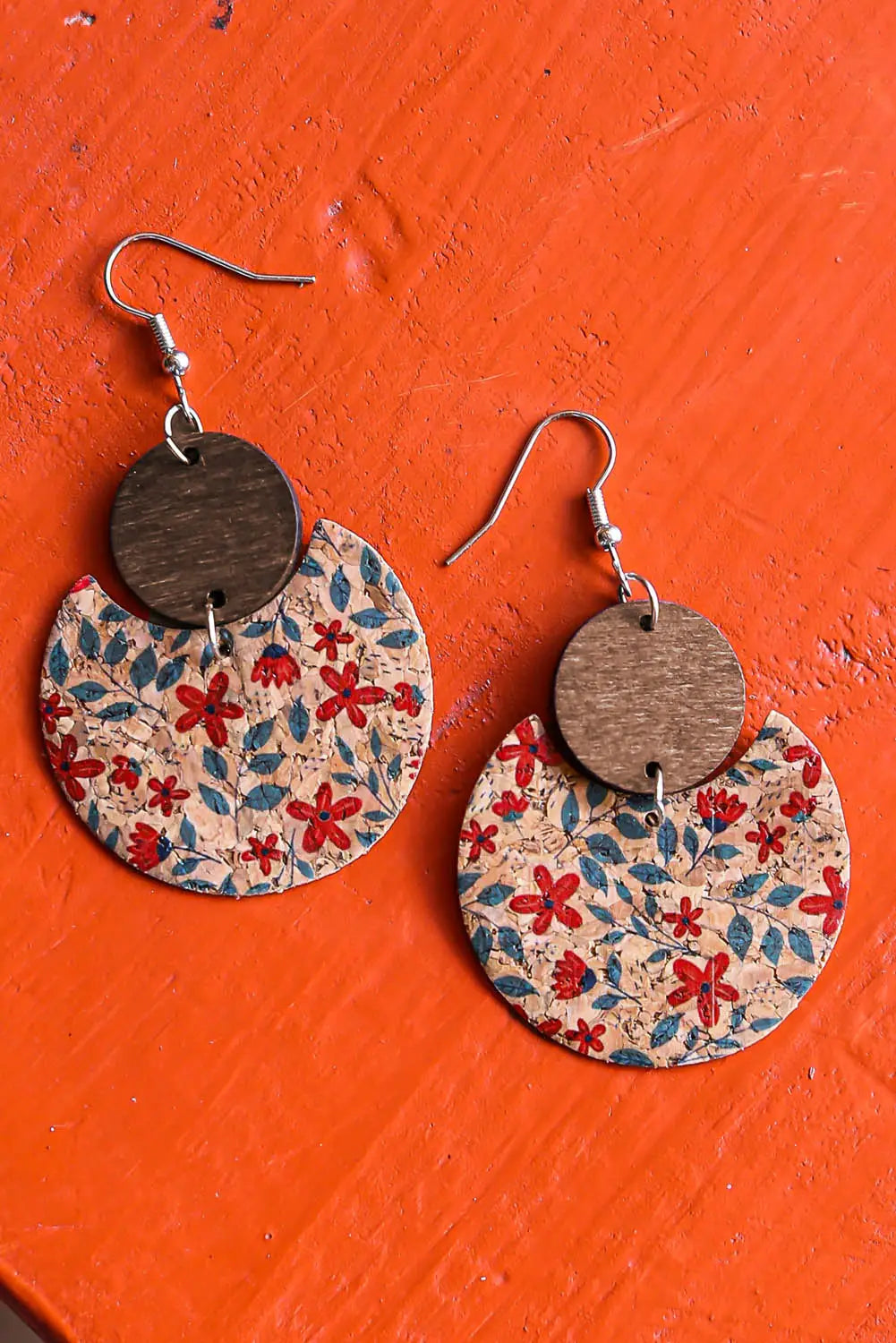 Multicolor vintage floral print geometric wood earrings - one size / 95% pu + 5% alloy - accessories