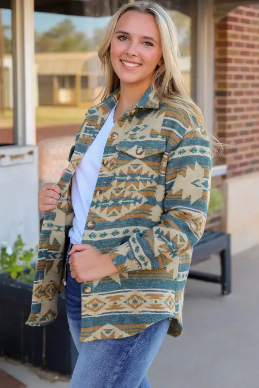 Multicolor western aztec print button flap pocket shacket