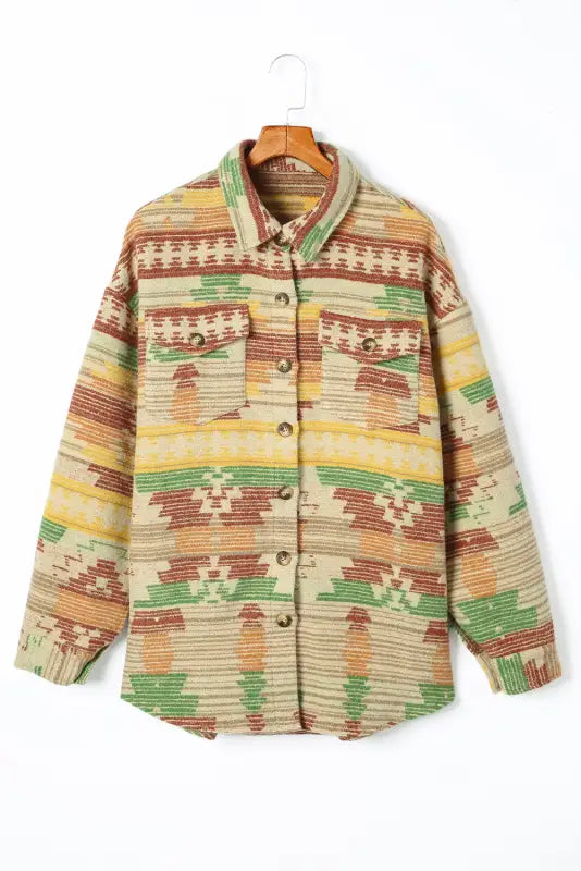 Multicolor western aztec print button flap pocket shacket