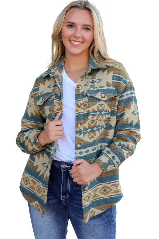 Multicolor western aztec print button flap pocket shacket