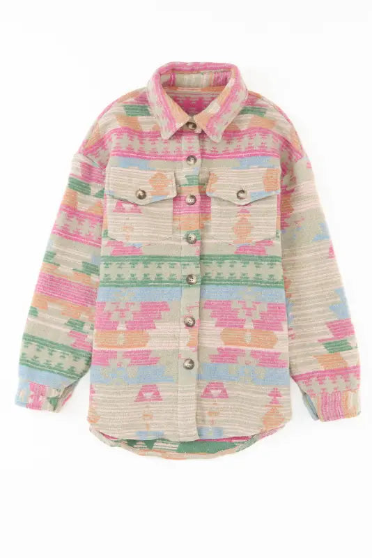 Multicolor western aztec print button flap pocket shacket