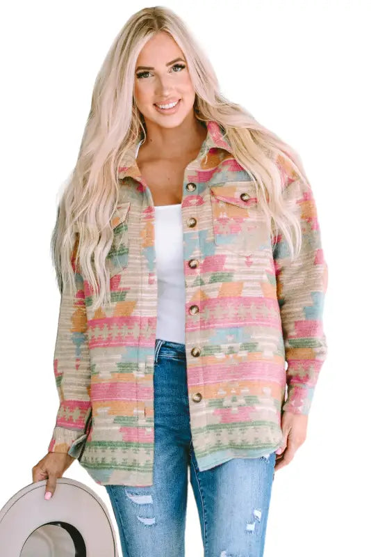 Multicolor western aztec print button flap pocket shacket