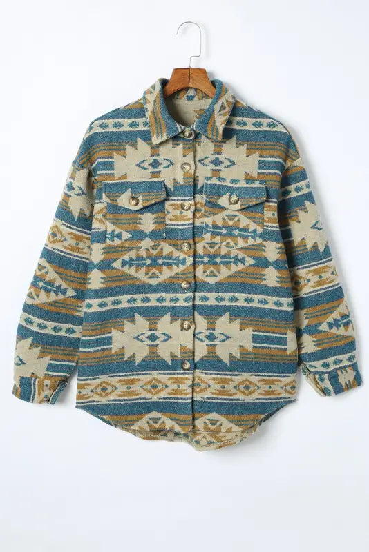 Multicolor western aztec print button flap pocket shacket