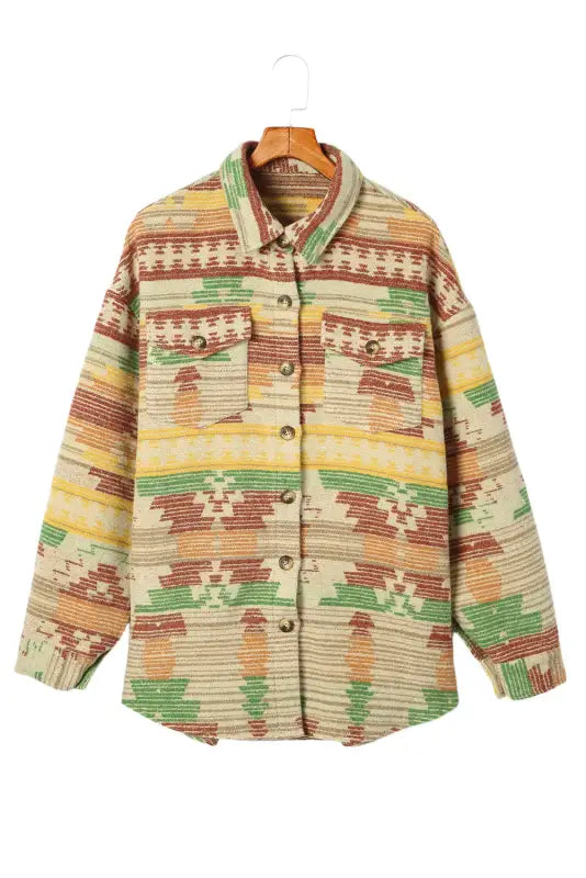 Multicolor western aztec print button flap pocket shacket