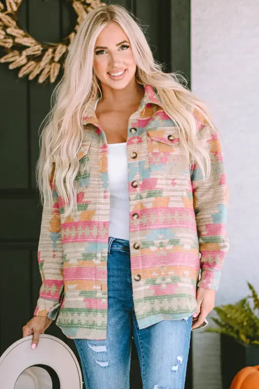 Multicolor western aztec print button flap pocket shacket