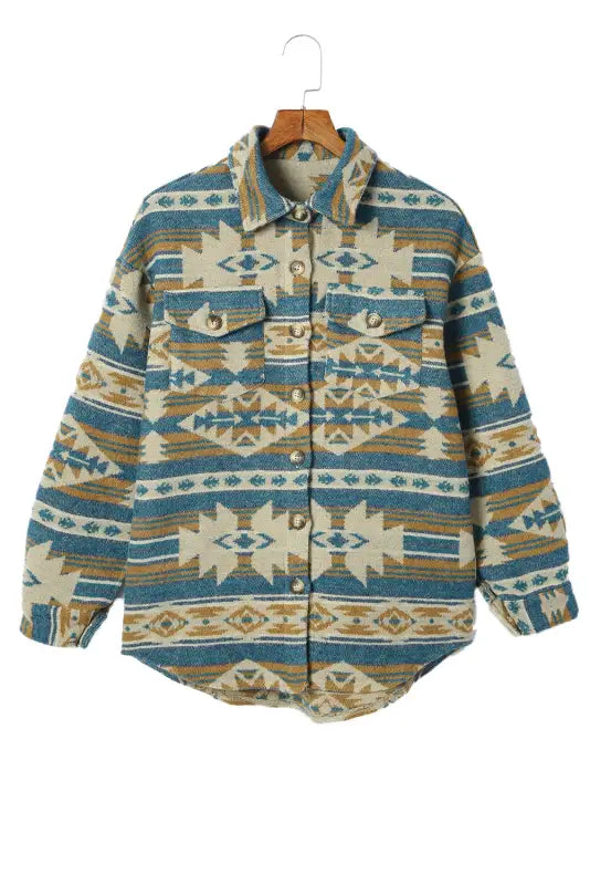 Multicolor western aztec print button flap pocket shacket