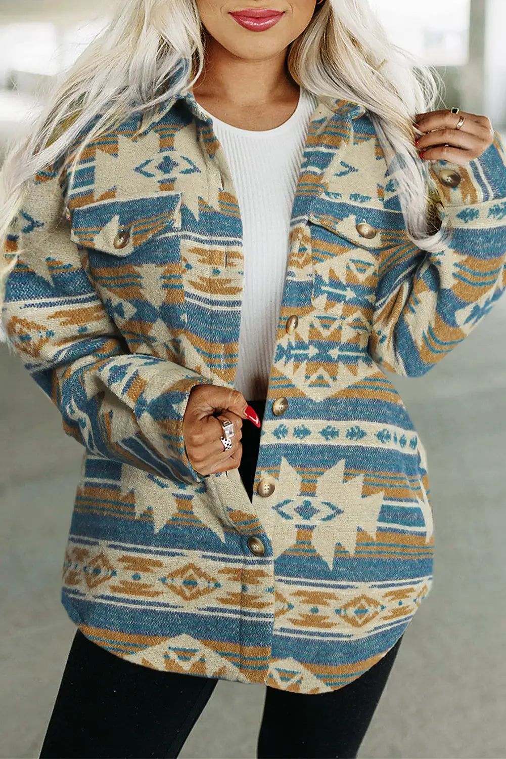 Multicolor western aztec print button flap pocket shacket - blue / s / 100% polyester - shackets