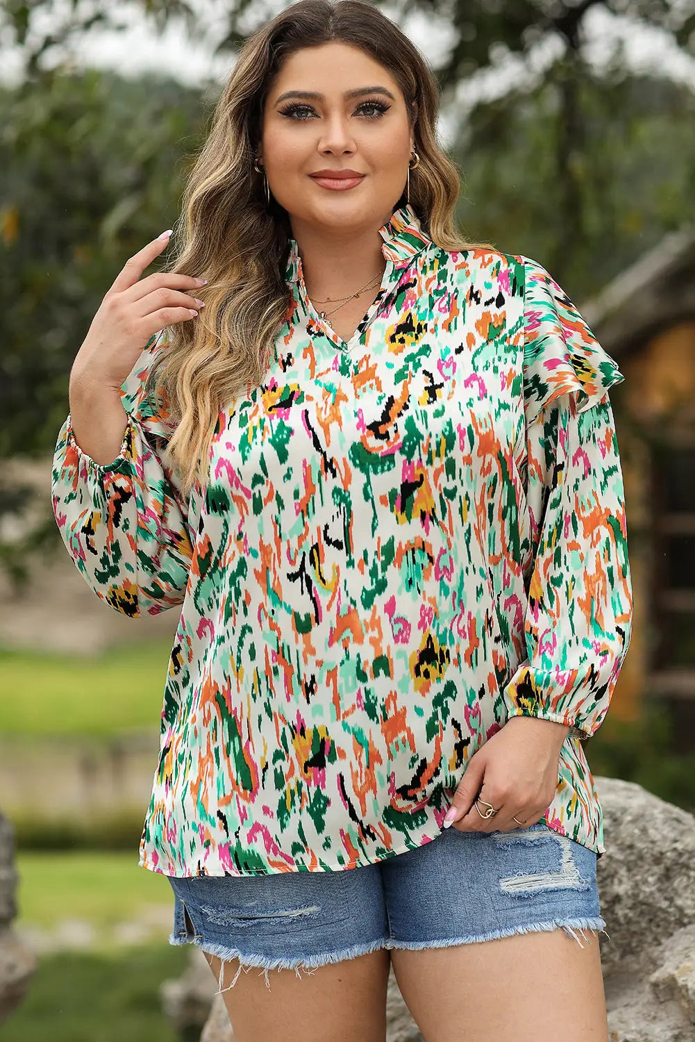 Multicolour abstract print 3/4 puff sleeve ruffle blouse - multicolor / 1x / 100% polyester - tops