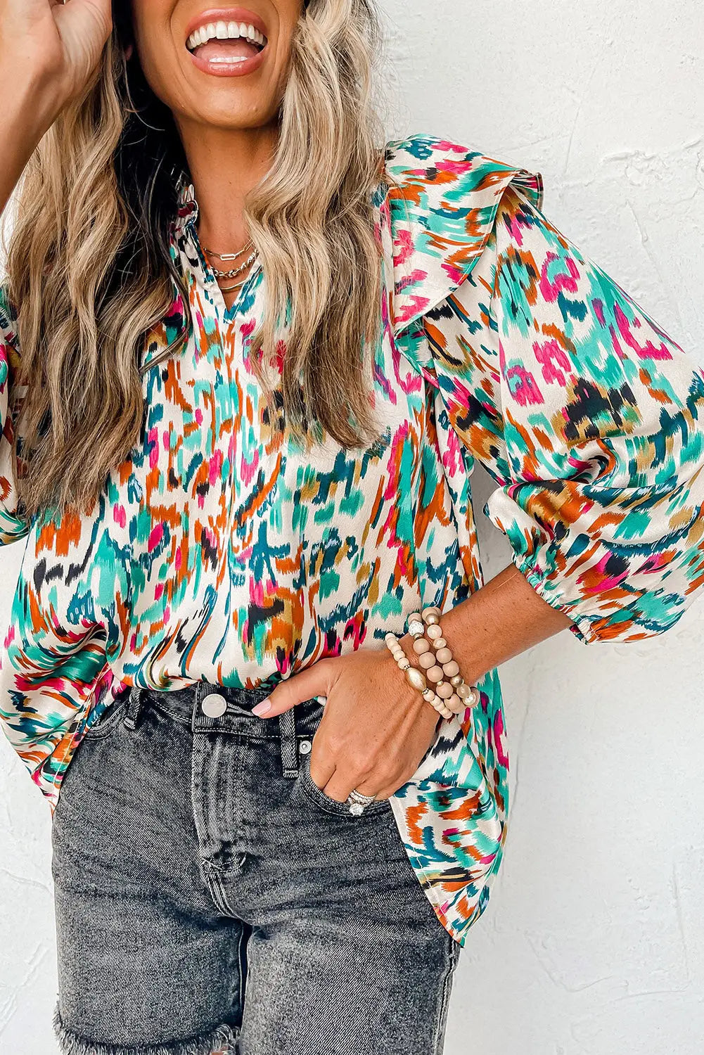 Multicolour abstract print 3/4 puff sleeve ruffle blouse - multicolor / 2xl / 100% polyester - tops